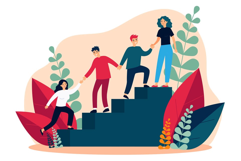 Reskilling and Upskilling in a Hybrid World - illustration of people climbing up steps
